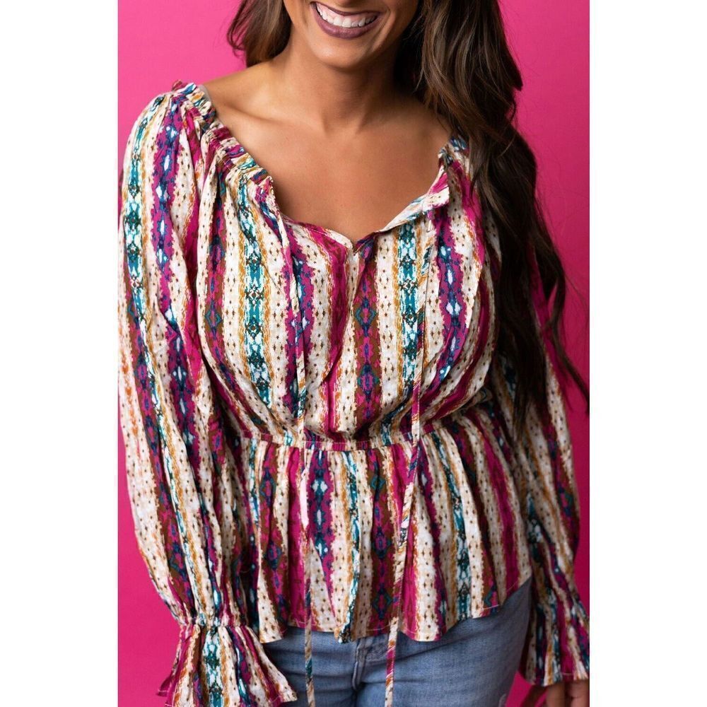 Savanna Jane Multicolor Western Aztec Split Neck Peplum Blouse Women's Size Med